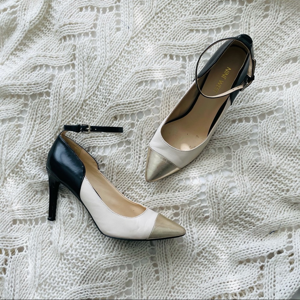 Nine West Black Cream Gold Pointed Toe Pump Size 8